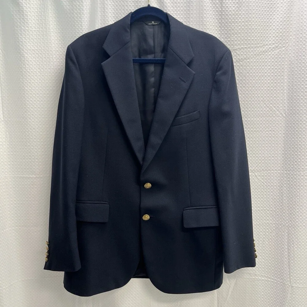 Vtg Ralph Lauren Chaps Blue Wool Blazer Gold Buttons‎ 44R Preppy Old Money